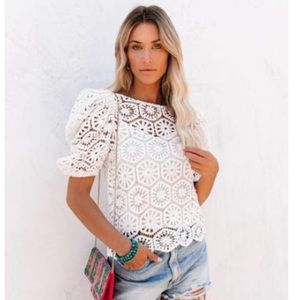 Vici Sicily Cotton Puff Sleeve Crochet Lace Top